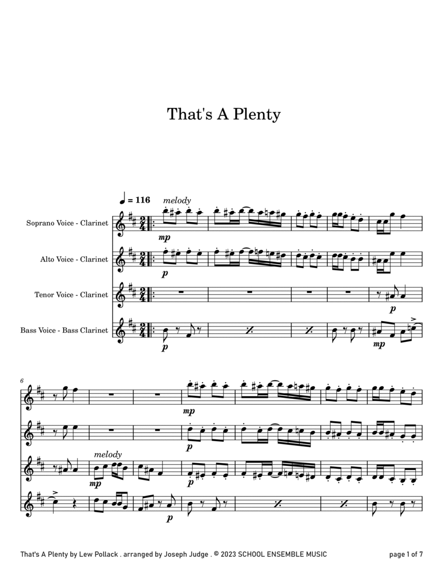 That's A Plenty by Lew Pollack for Clarinet Quartet in Schools Clarinet Quartet scores gallery preview page 1