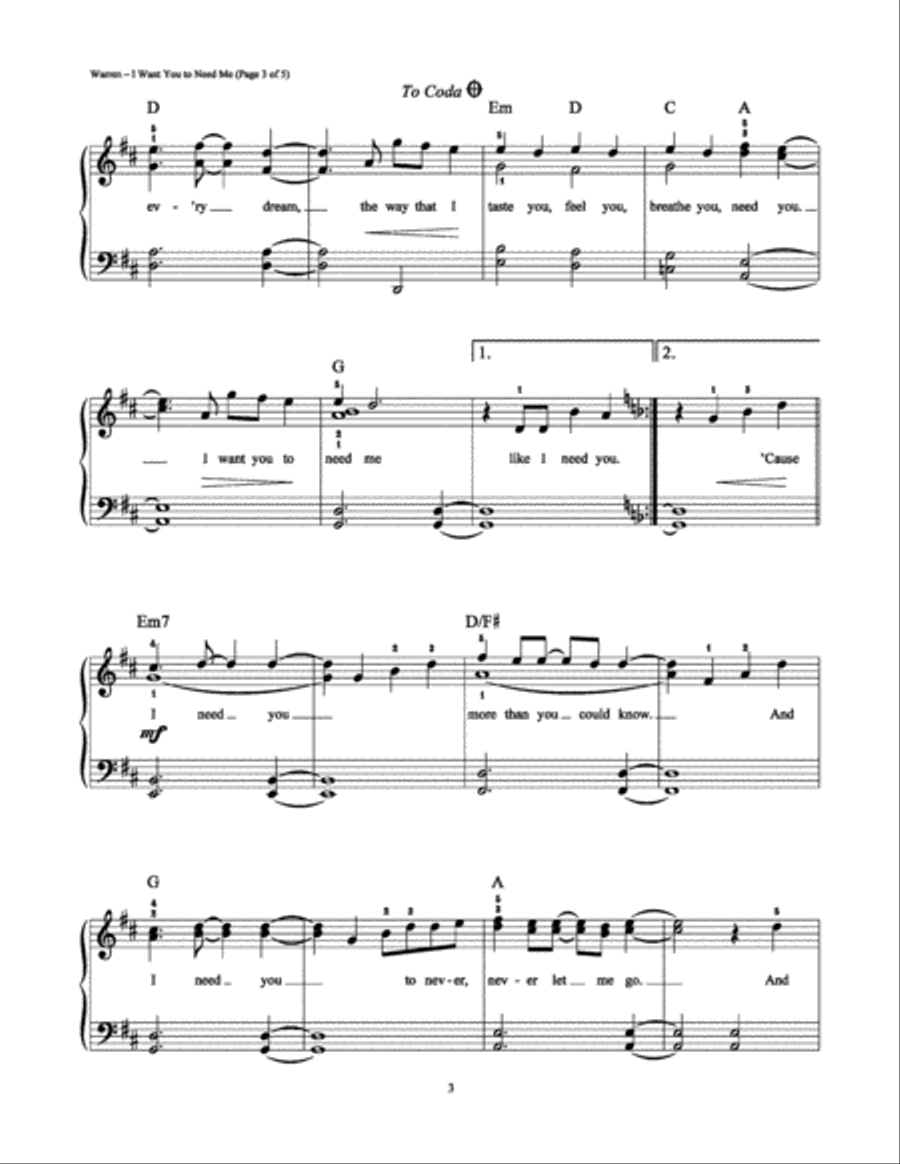 I Want You to Need Me Easy Piano scores gallery preview page 3