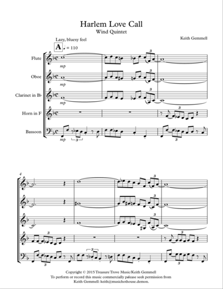 Harlem Love Call: Wind Quintet Woodwind Quintet scores gallery preview page 1