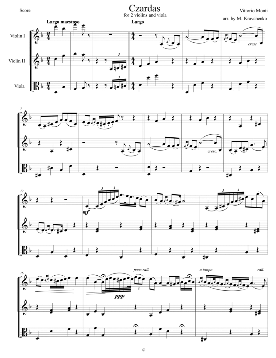 Vittorio Monti - Czardas arr. for 2 violins and viola (score and parts)