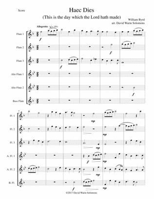 Book cover for Haec Dies for flute sextet (3 C flutes, 2 Altos and 1 Bass)