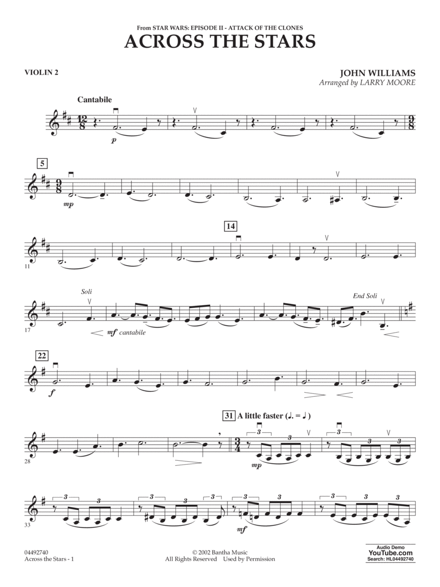 Across The Stars (from Star Wars: Attack of the Clones) (arr. Moore) - Violin 2 String Orchestra scores gallery preview page 1