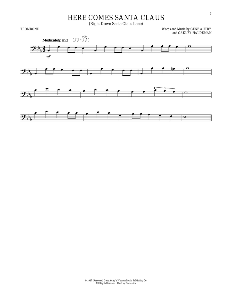 Here Comes Santa Claus (Right Down Santa Claus Lane) Trombone Solo scores gallery preview page 1