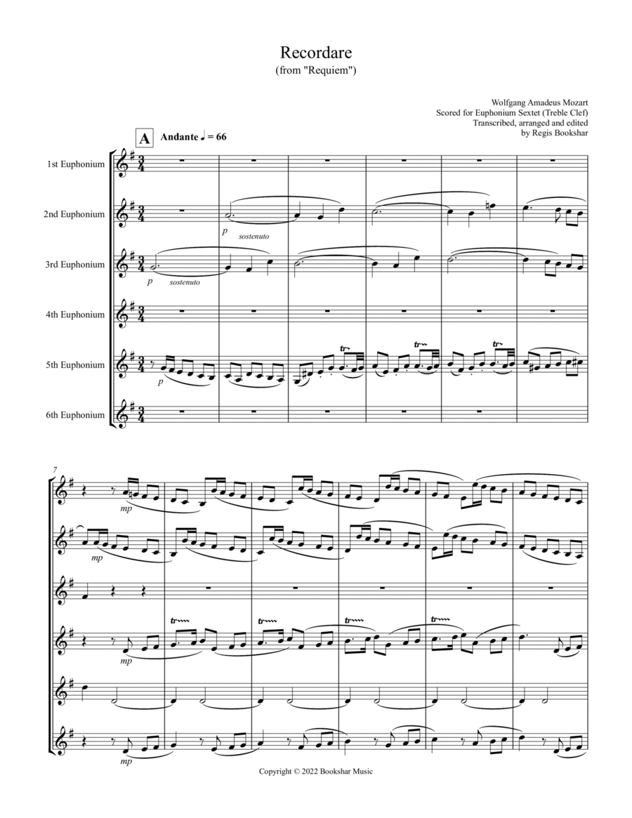 Recordare (from "Requiem") (F) (Euphonium Sextet - Treble Clef)
