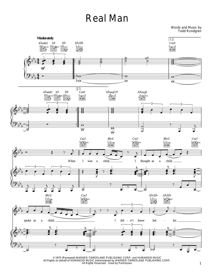 Real Man Piano, Vocal, Guitar scores gallery preview page 1