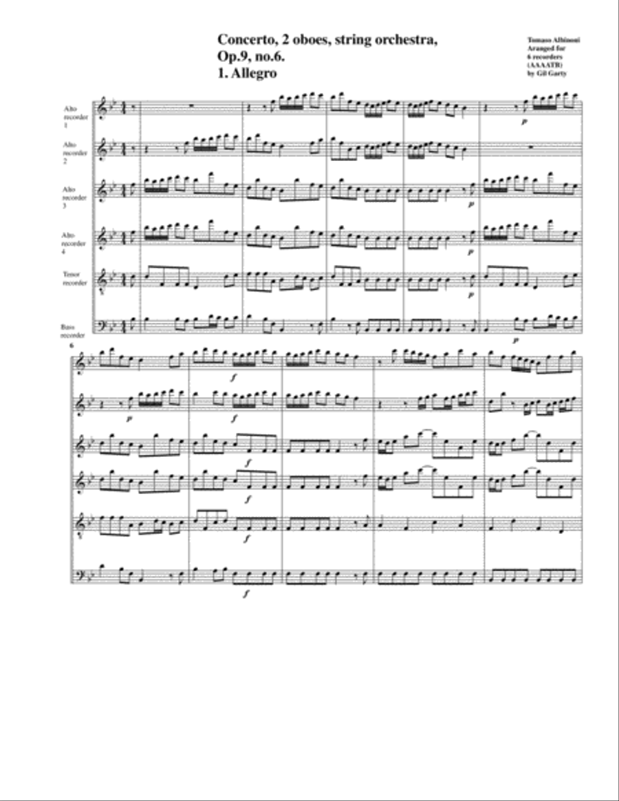 Concerto, 2 oboes, string orchestra, Op.9, no.6, G major (Arrangement for 6 recorders) String Orchestra scores gallery preview page 2