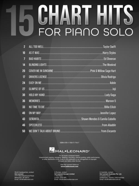 15 Chart Hits for Piano Solo