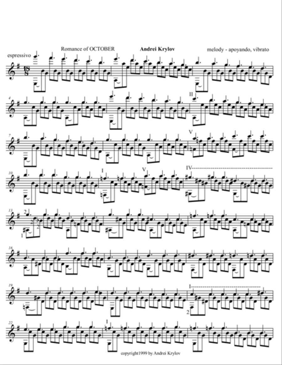 October Russian romance (version of Melancholy) for classical guitar by Andrei Krylov Acoustic Guitar scores gallery preview page 1