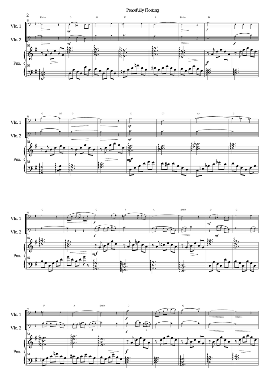 Peacefully Floating for 2 cellos and piano (and optional guitar chords) Piano scores gallery preview page 2