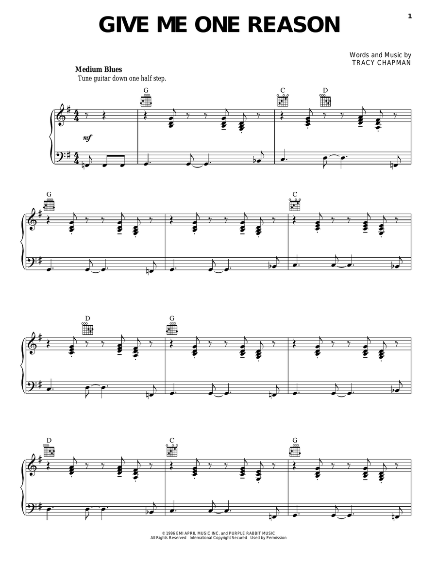 Give Me One Reason Piano, Vocal, Guitar scores gallery preview page 1