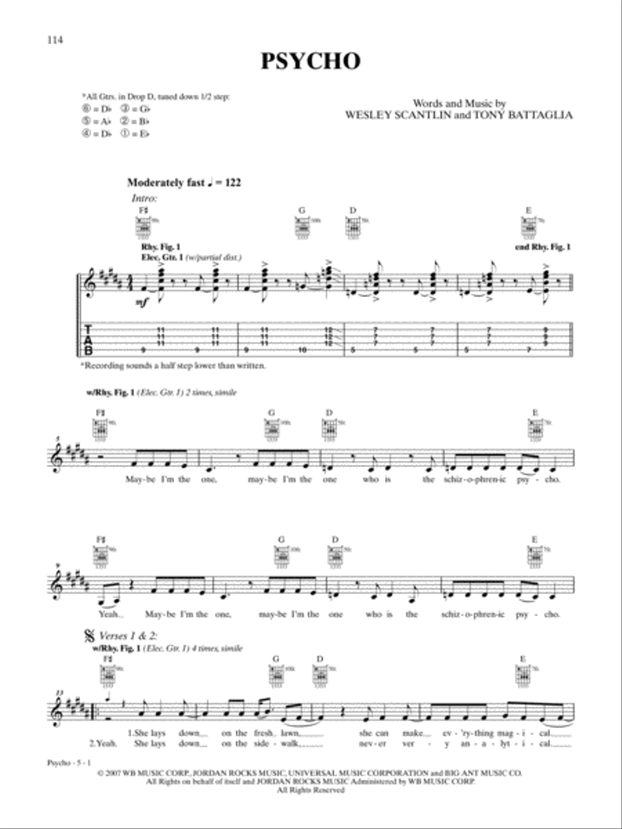 Psycho Psycho Guitar Tablature scores gallery preview page 1