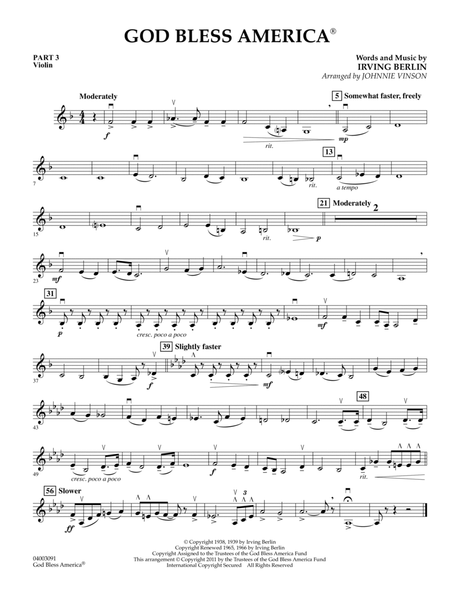 God Bless America - Pt.3 - Violin Concert Band scores gallery preview page 1