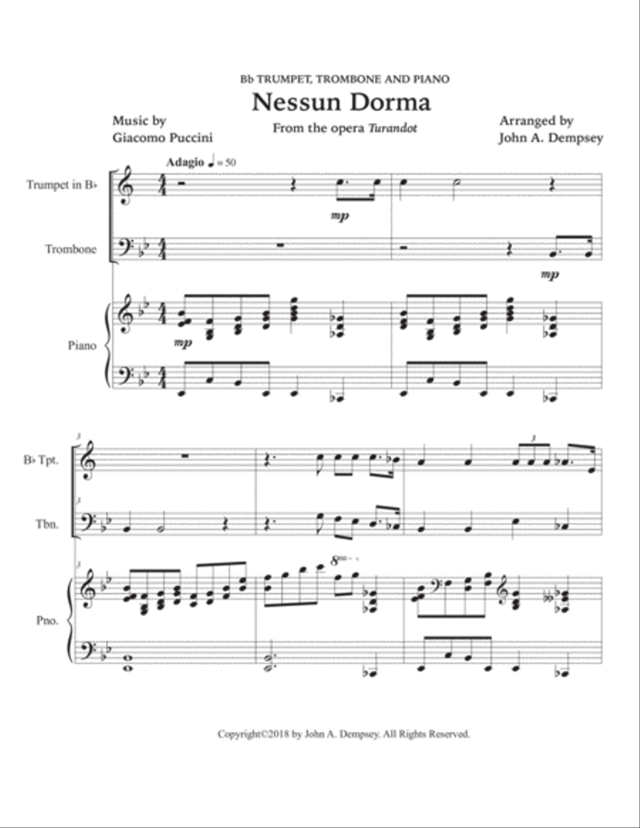Nessun Dorma (Trio for Trumpet, Trombone and Piano) Brass Trio scores gallery preview page 5