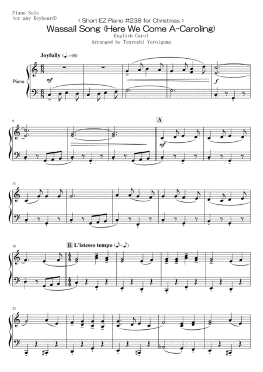 < Short EZ Piano #238 for Christmas > Wassail Song (Here We Come A-Caroling) Piano Method scores gallery preview page 1