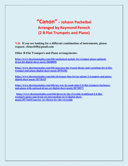 Canon - Johann Pachebel - 2 B Flat Trumpets and Piano - Intermediate/Advanced Intermediate level image number null