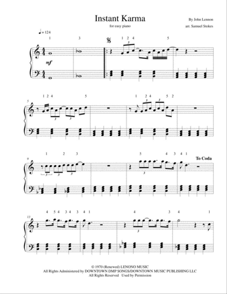 Instant Karma Instant Karma Easy Piano scores gallery preview page 1