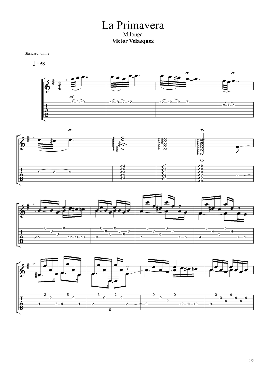La Primavera (Milonga) La Primavera (Milonga) Guitar Tablature scores gallery preview page 1