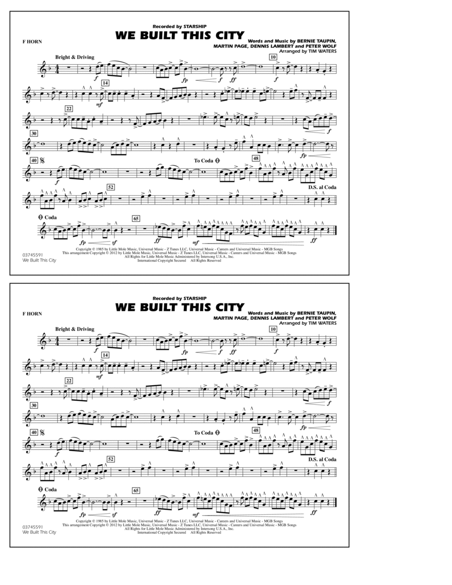 We Built This City - F Horn Marching Band scores gallery preview page 1