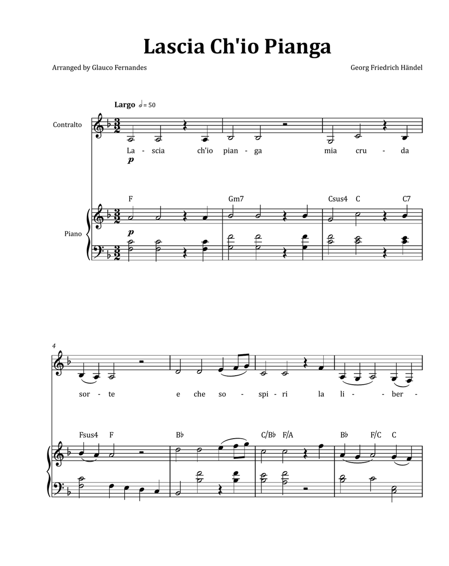 Lascia Ch'io Pianga by Händel - Contralto & Piano in F Major with Chord Notation Chamber Music scores gallery preview page 1
