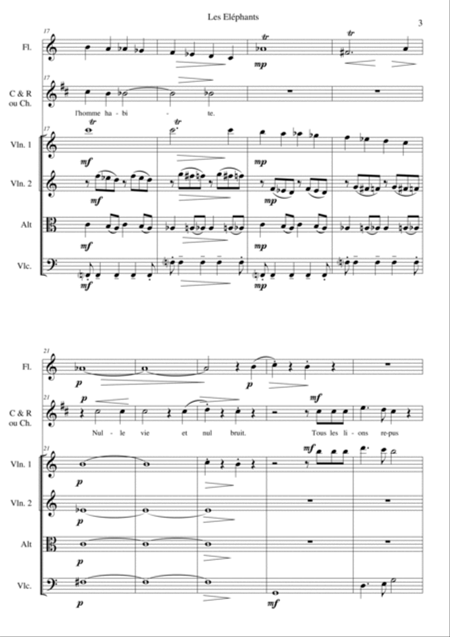 Les Eléphants (The Elephants) for voice, clarinet, flute and string quartet Choir scores gallery preview page 3