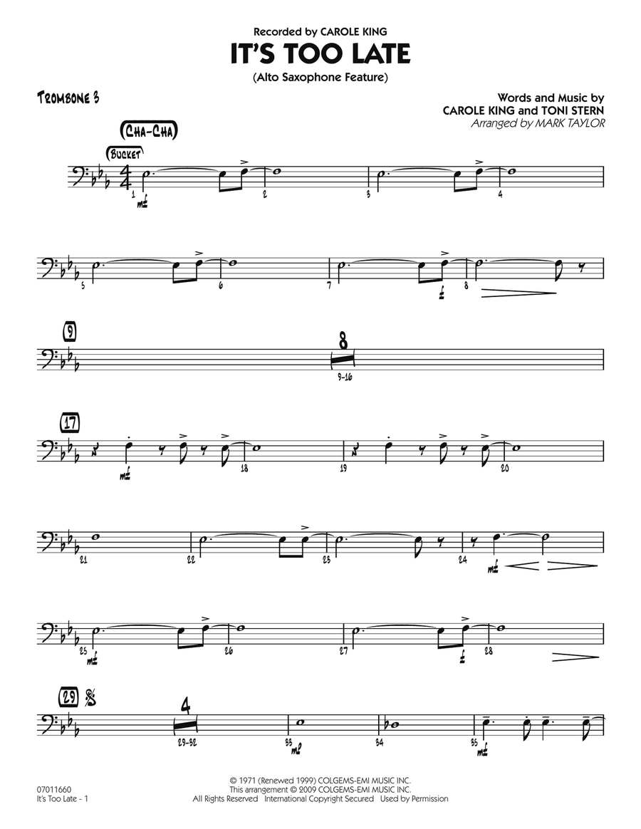 It's Too Late (Alto Saxophone Feature) - Trombone 3 Jazz Ensemble scores gallery preview page 1