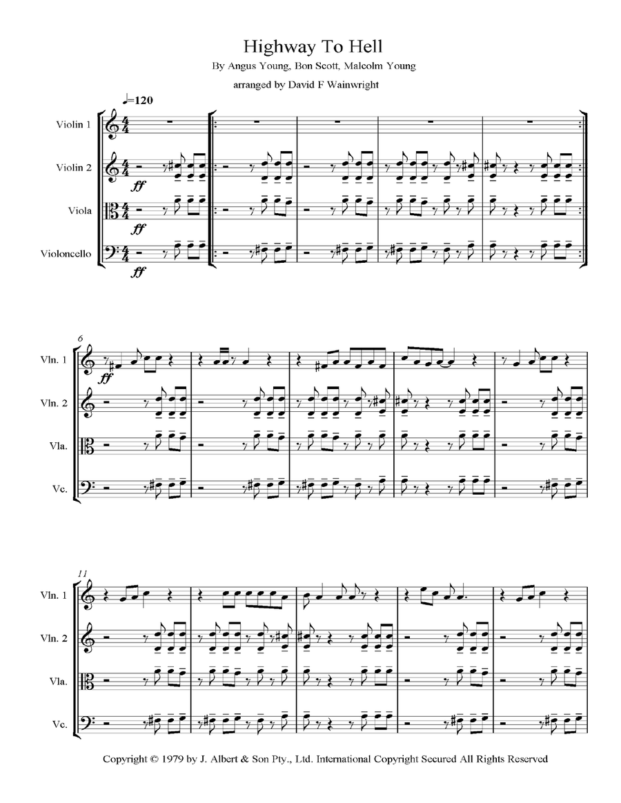 Highway To Hell Highway To Hell String Quartet scores gallery preview page 1