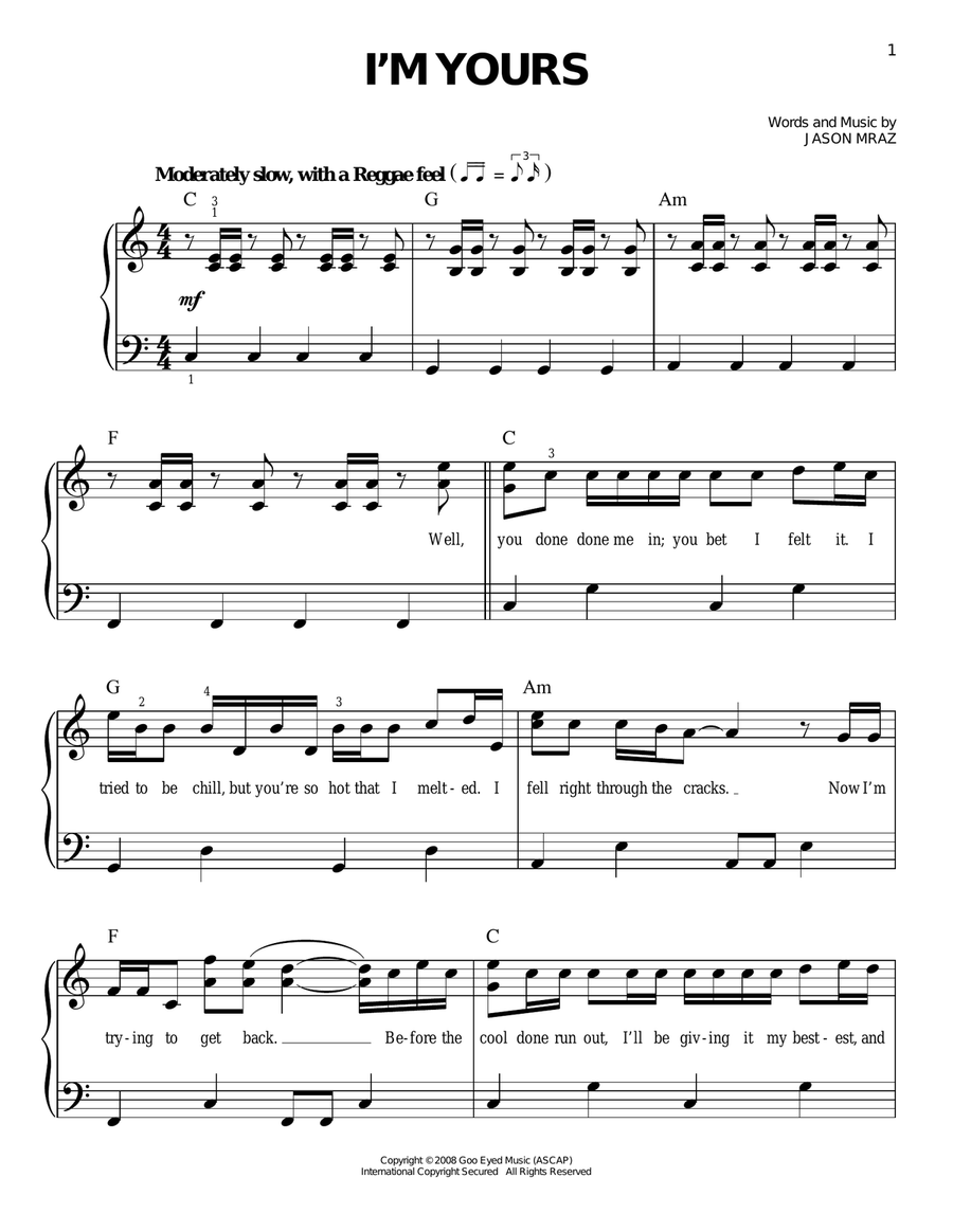 I'm Yours I'm Yours Easy Piano scores gallery preview page 1