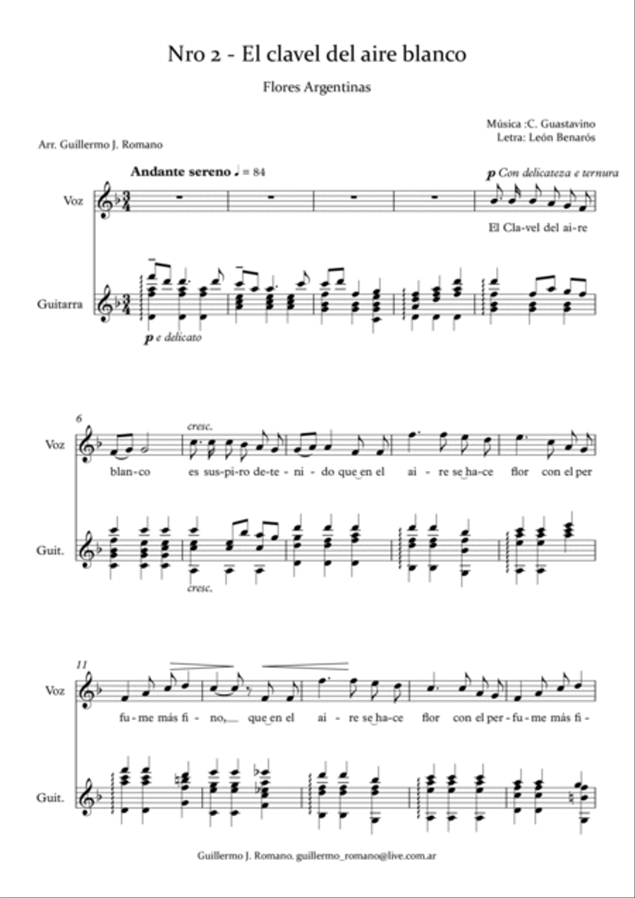 El Clavel del Aire Blanco - Carlos Guastavino - Voz aguda y guitarra Classical Guitar scores gallery preview page 2