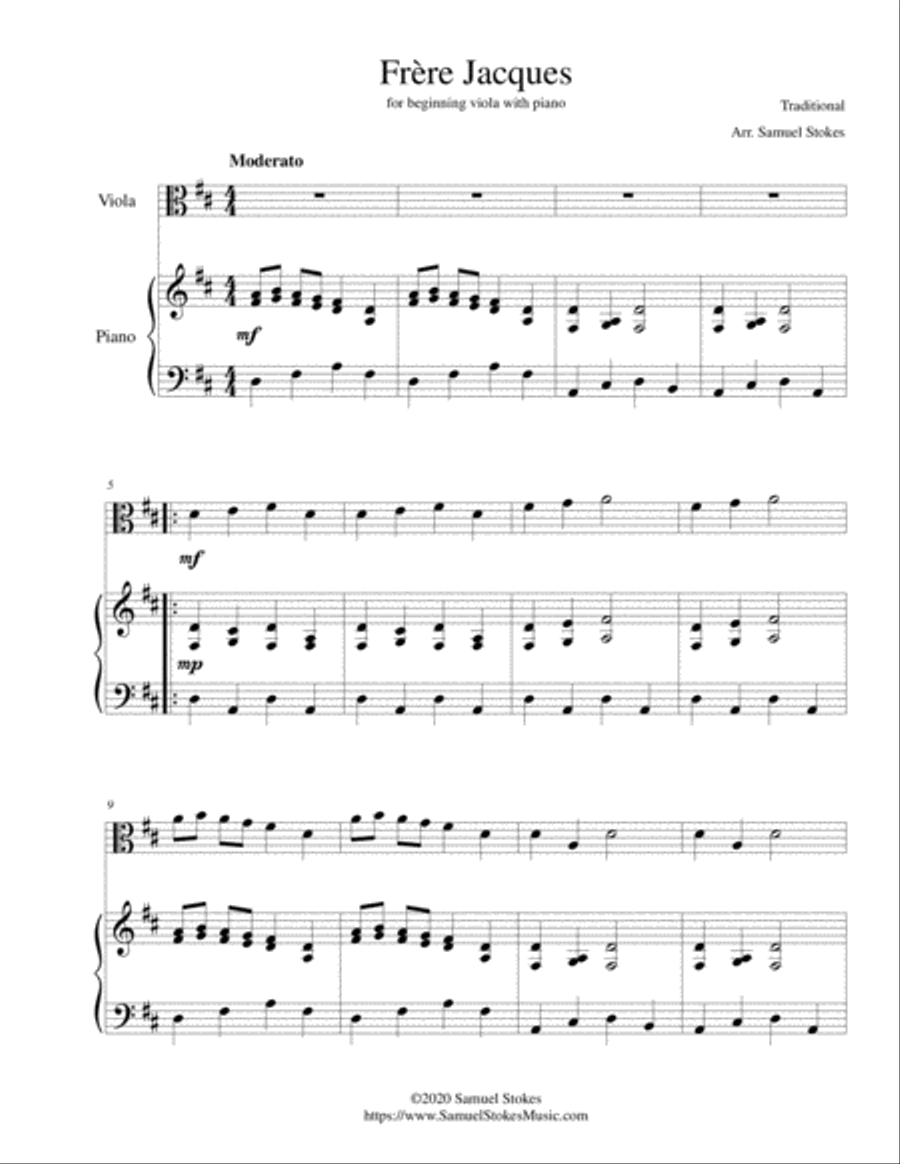 Frère Jacques (Are You Sleeping?) - for beginning viola with optional piano accompaniment Viola scores gallery preview page 1
