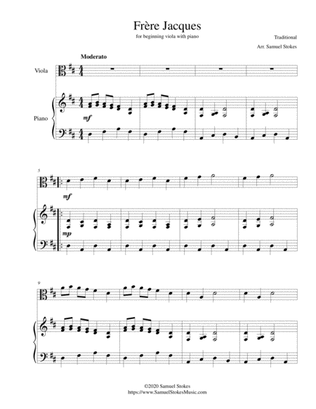Frère Jacques (Are You Sleeping?) - for beginning viola with optional piano accompaniment