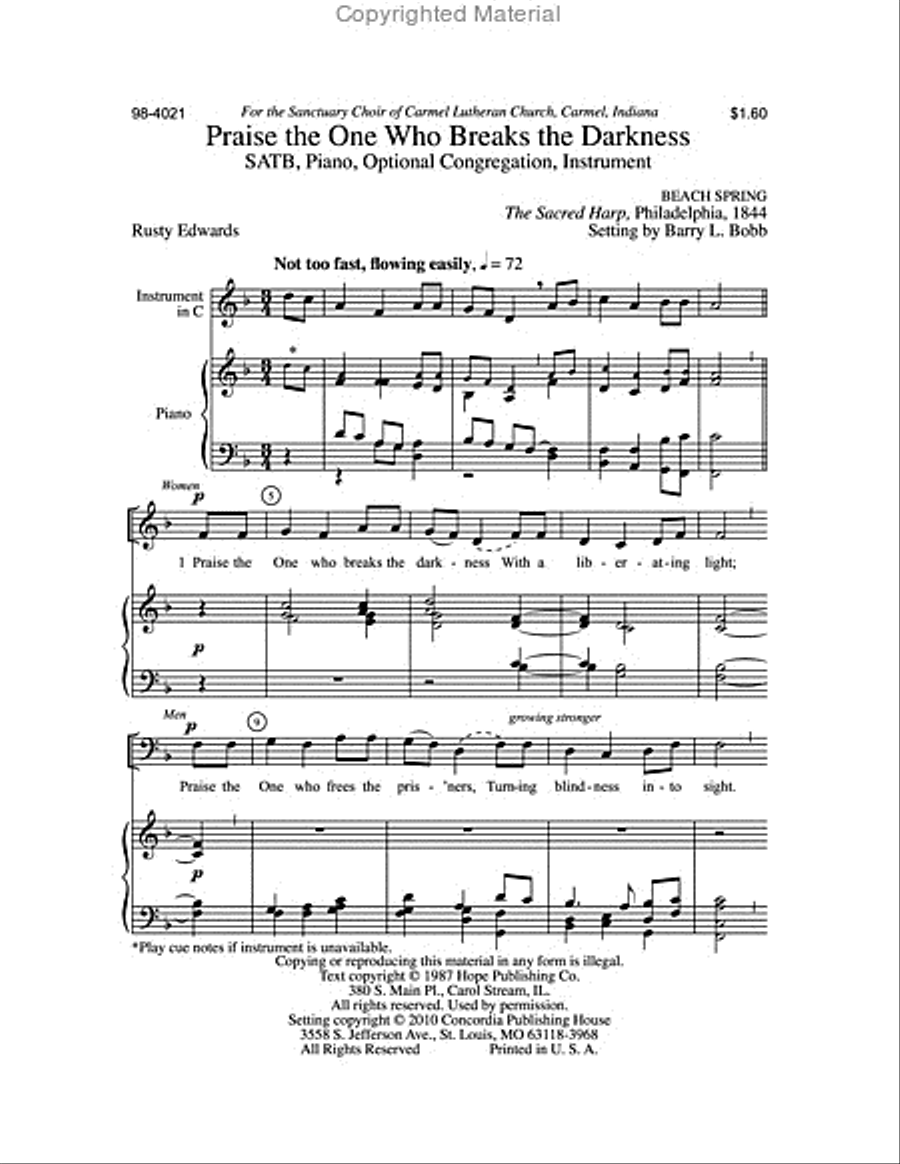 Praise the One Who Breaks the Darkness (Bobb) 4-Part scores gallery preview page 2