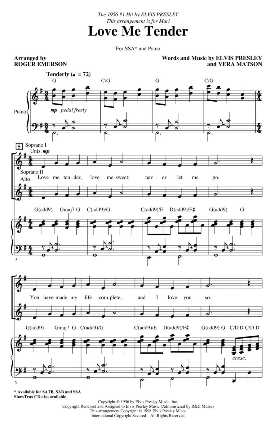 Love Me Tender (arr. Roger Emerson) SSA scores gallery preview page 1