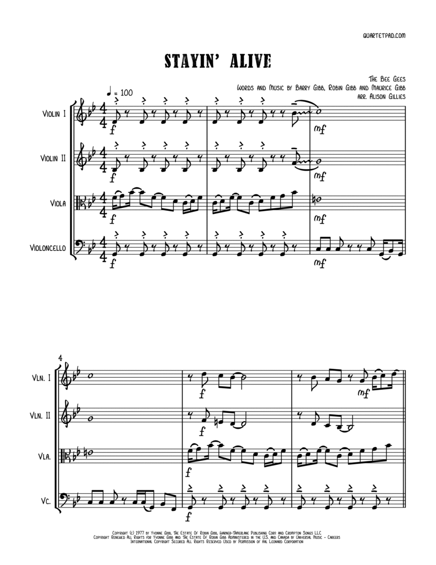 Stayin' Alive from the Motion Picture SATURDAY NIGHT FEVER String Quartet scores gallery preview page 1