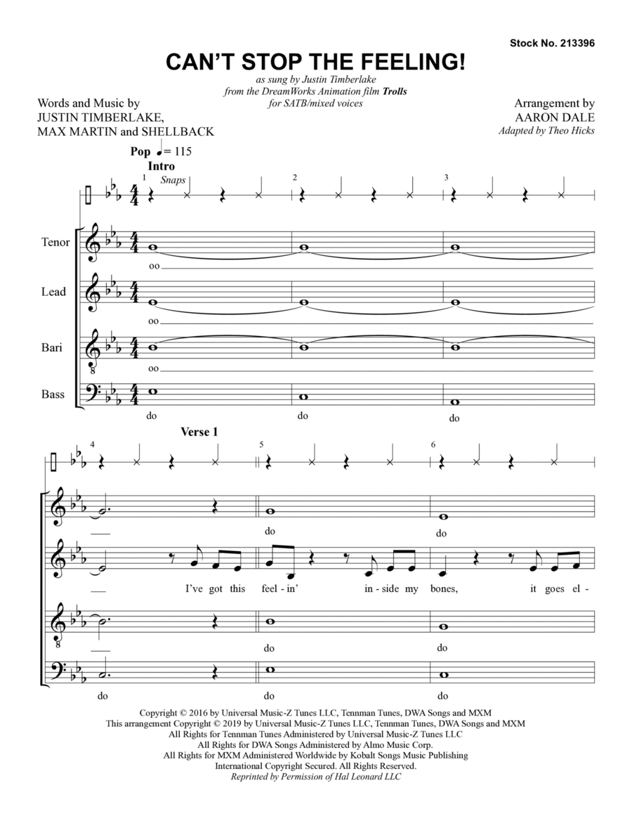Book cover for Can't Stop The Feeling! (from Trolls) (arr. Aaron Dale)