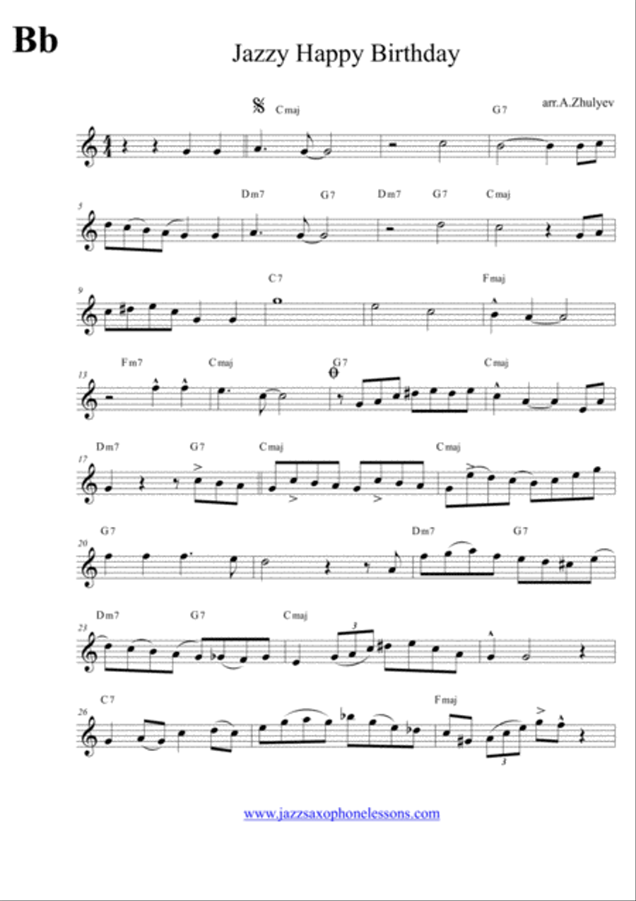 Jazzy Happy Birthday for Saxophone Bb (tenor/soprano) Small Ensemble scores gallery preview page 2