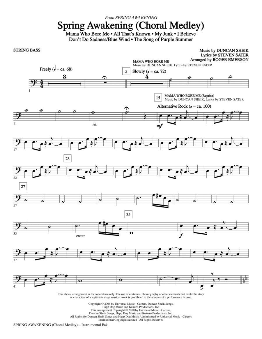 Spring Awakening (Choral Medley) - String Bass Choir scores gallery preview page 1
