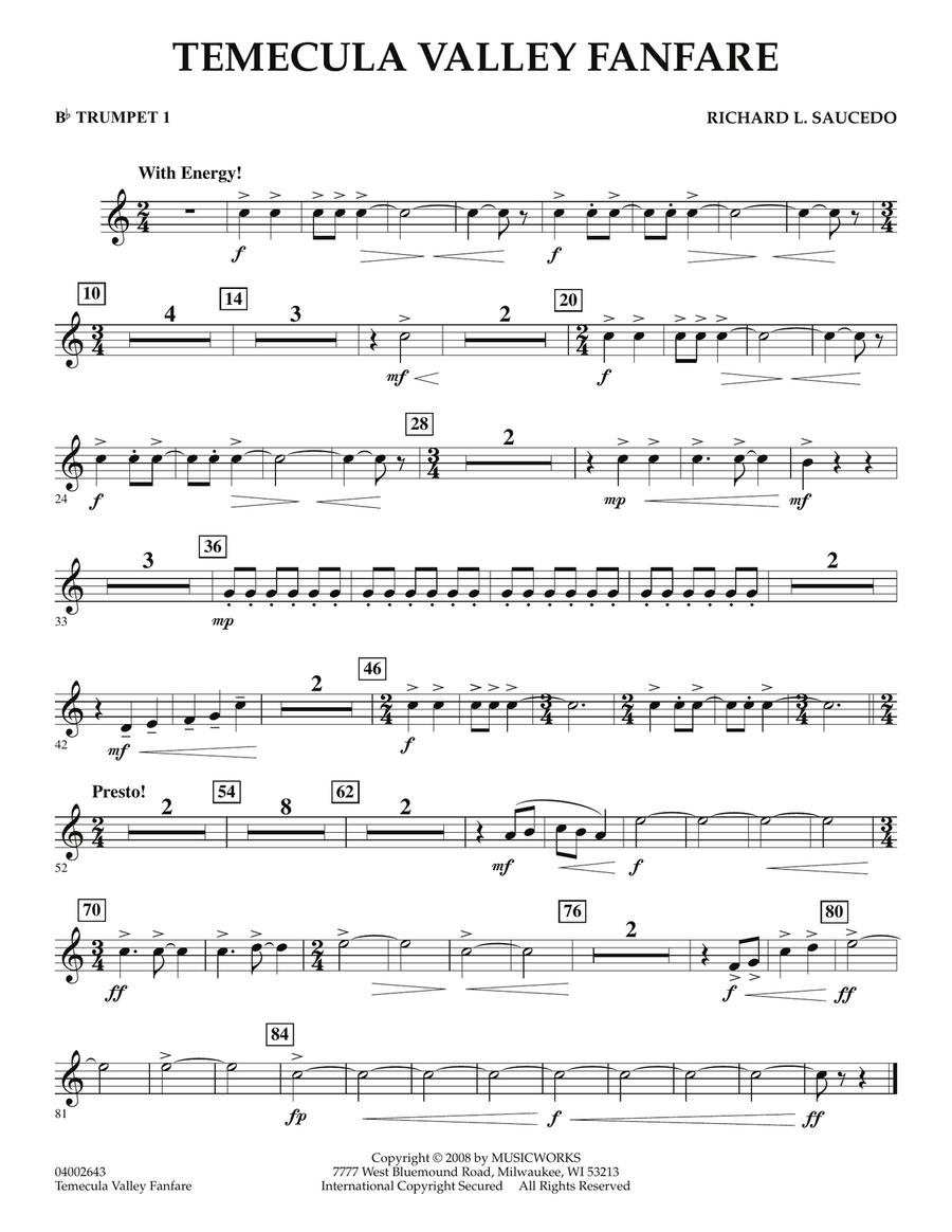 Temecula Valley Fanfare - Bb Trumpet 1 Concert Band scores gallery preview page 1