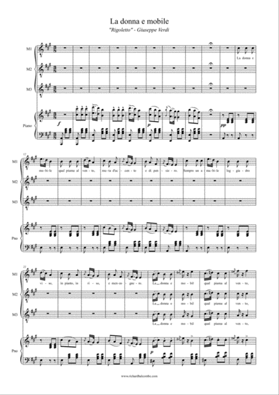 La Donna E Mobile - Three Part Harmony and Piano Part For Three Tenors 4-Part scores gallery preview page 1