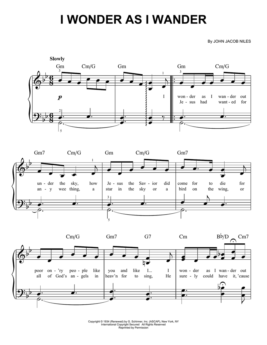 I Wonder As I Wander Easy Piano scores gallery preview page 1
