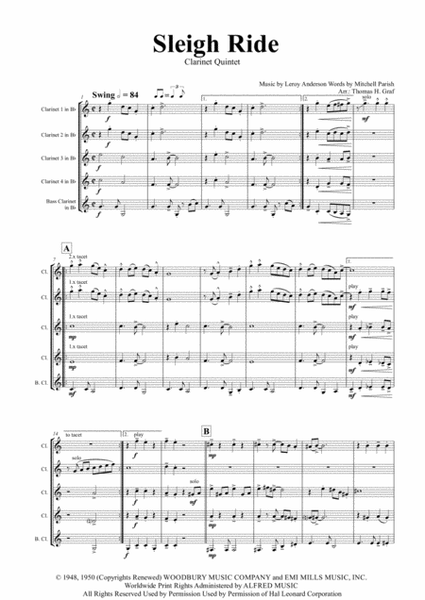 Sleigh Ride - Easy Swing - Clarinet Quintet