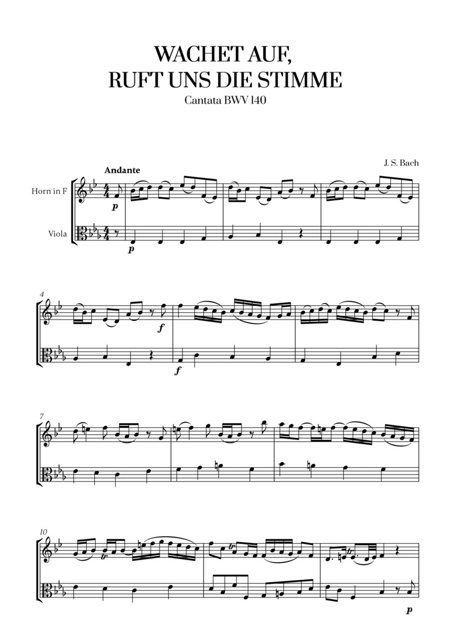 Johann Sebastian Bach - Wachet auf, ruft uns die Stimme (for French Horn and Viola) Horn scores gallery preview page 1