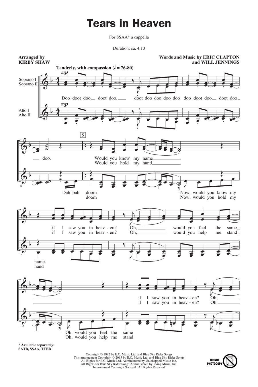 Tears In Heaven (arr. Kirby Shaw) SSA scores gallery preview page 1