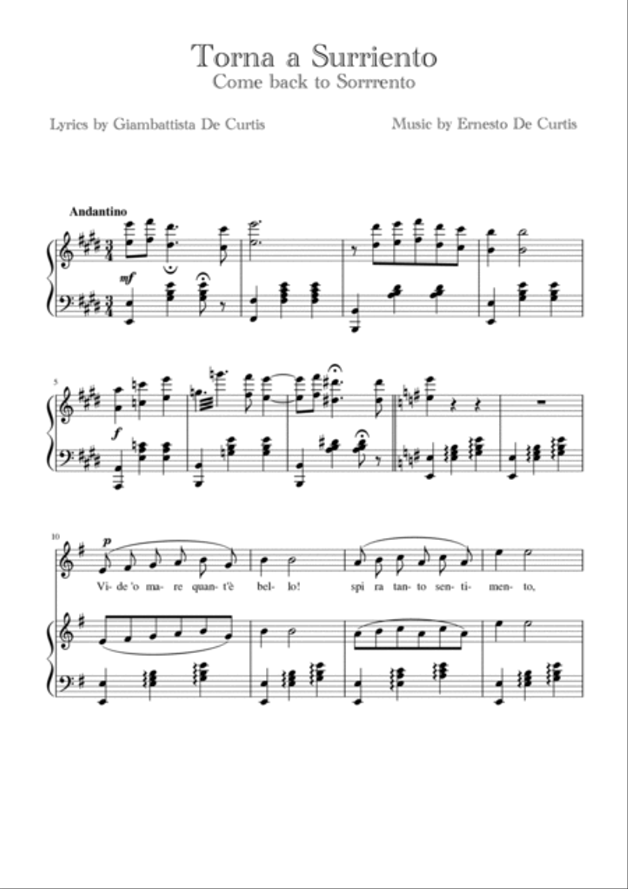 Torna a Surriento (Come back to Sorrento) for Tenor and Piano Tenor Voice scores gallery preview page 2