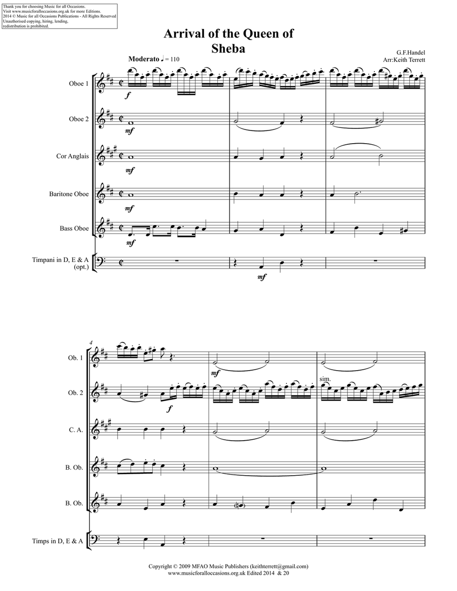 The Arrival of the Queen of Sheba for Oboe Consort Woodwind Quintet scores gallery preview page 2