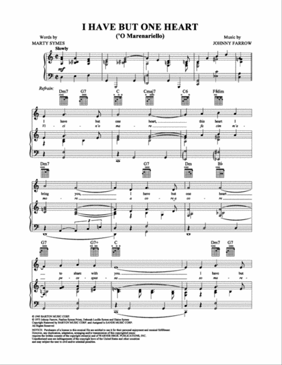 I Have But One Heart Piano, Vocal, Guitar scores gallery preview page 1