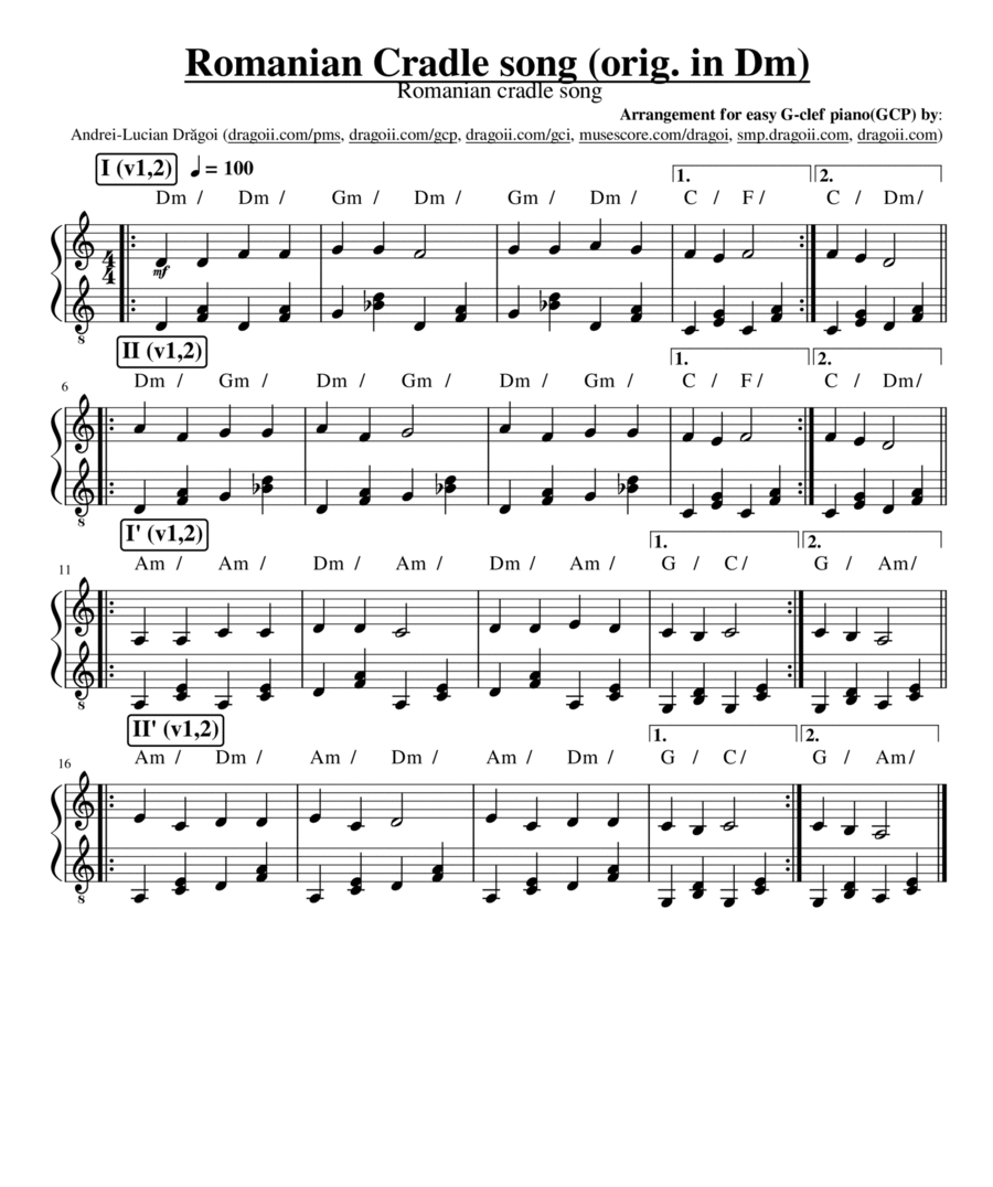 Anonymous - Romanian Cradle song - G-clef piano (GCP) arrangement image number null