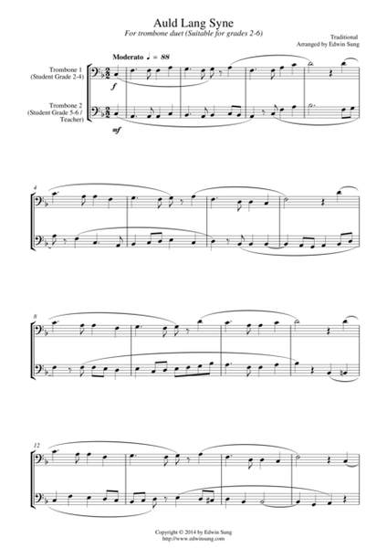 Auld Lang Syne (for trombone duet, suitable for grades 2-6) image number null