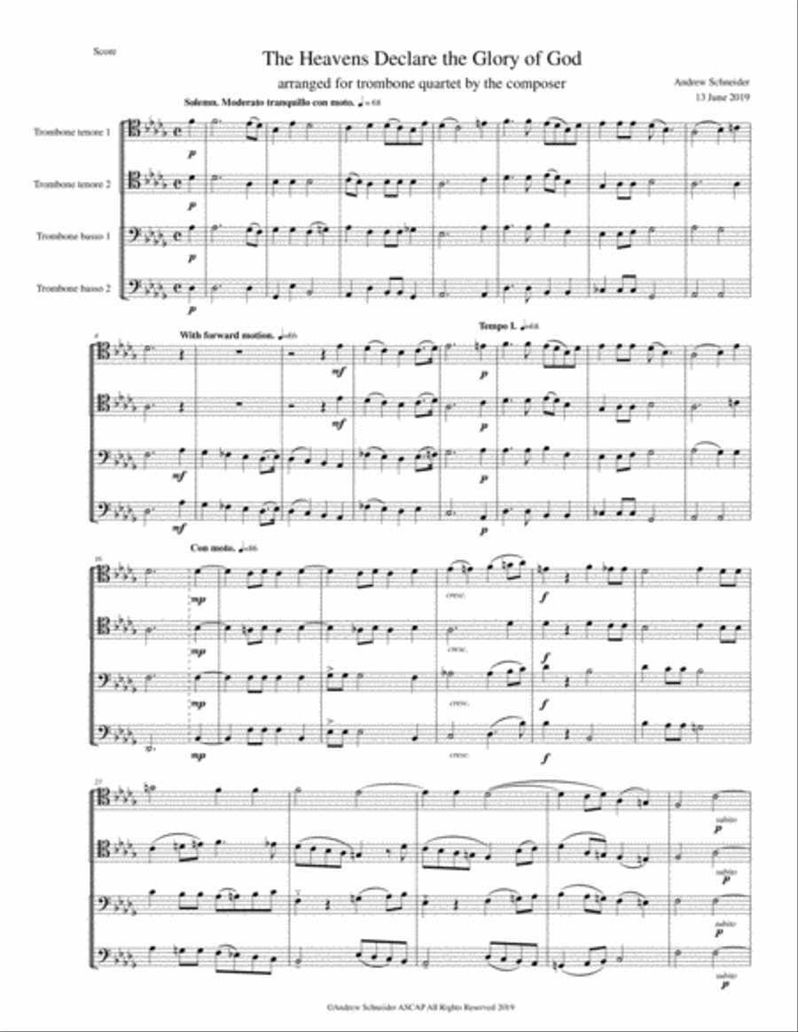 The Heavens Declare the Glory of God (arranged for Trombone Quartet) Trombone Quartet scores gallery preview page 1