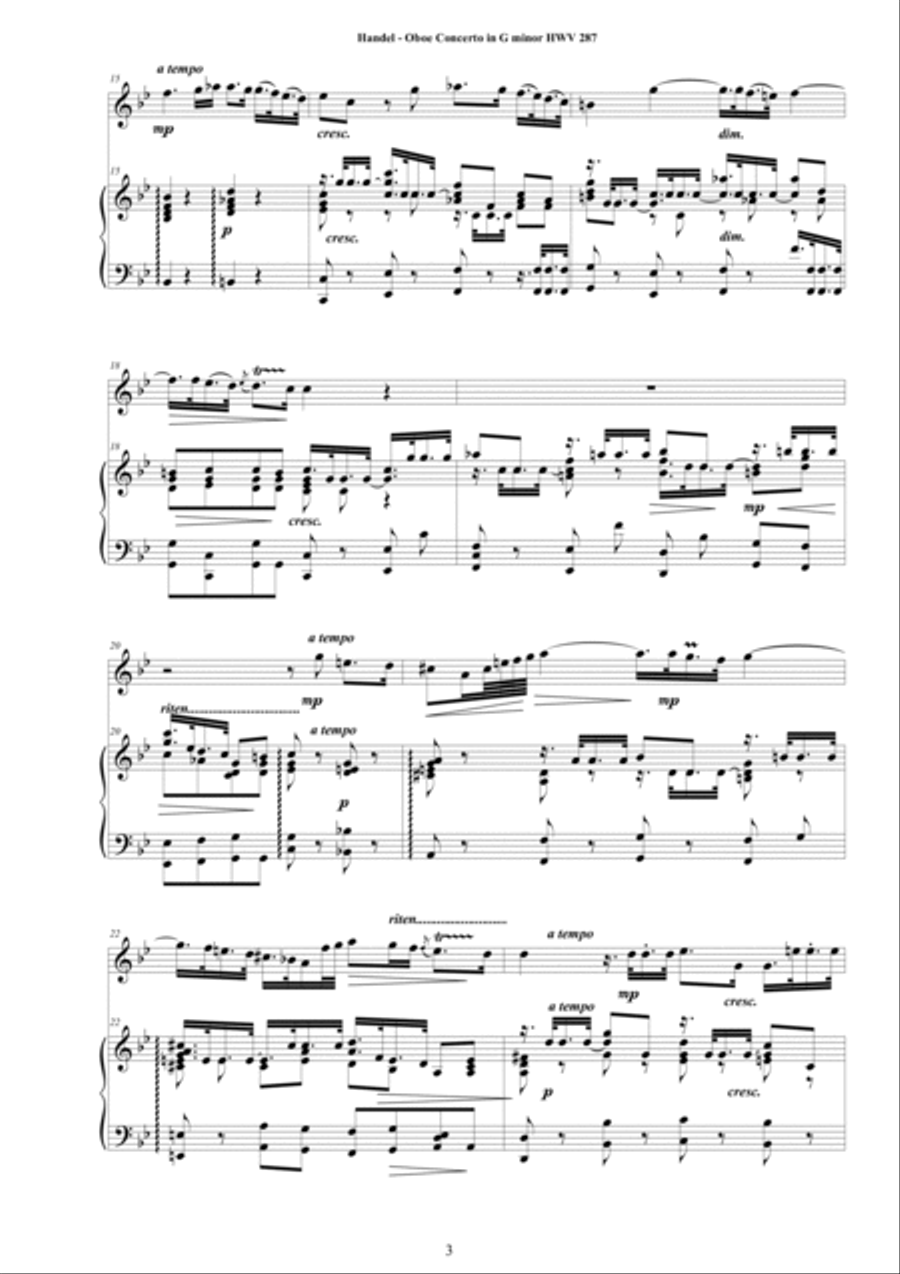 Handel - Oboe Concerto in G minor HWV 287 for Oboe and Cembalo (or Piano) Piano scores gallery preview page 3