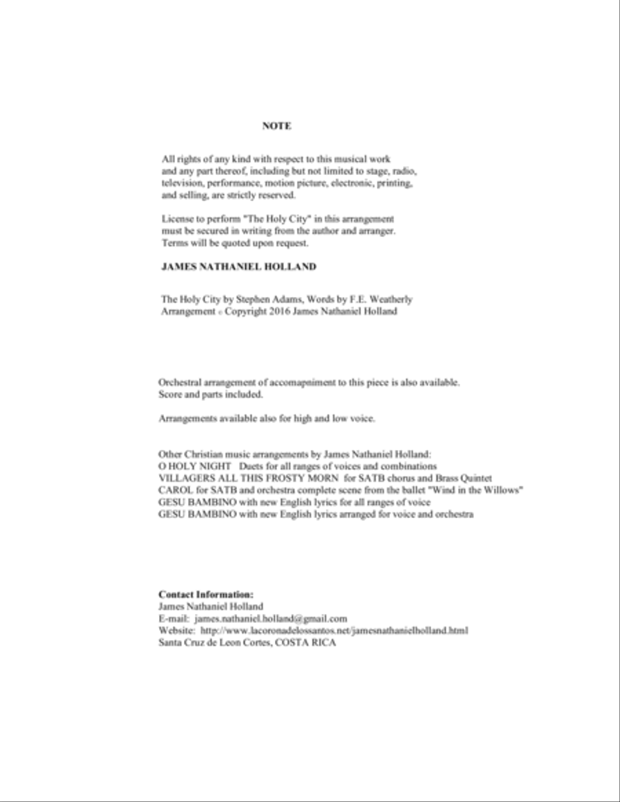 The Holy City for Solo Medium (Soprano or Tenor) Voice and Piano (Key of C) Tenor Voice scores gallery preview page 2
